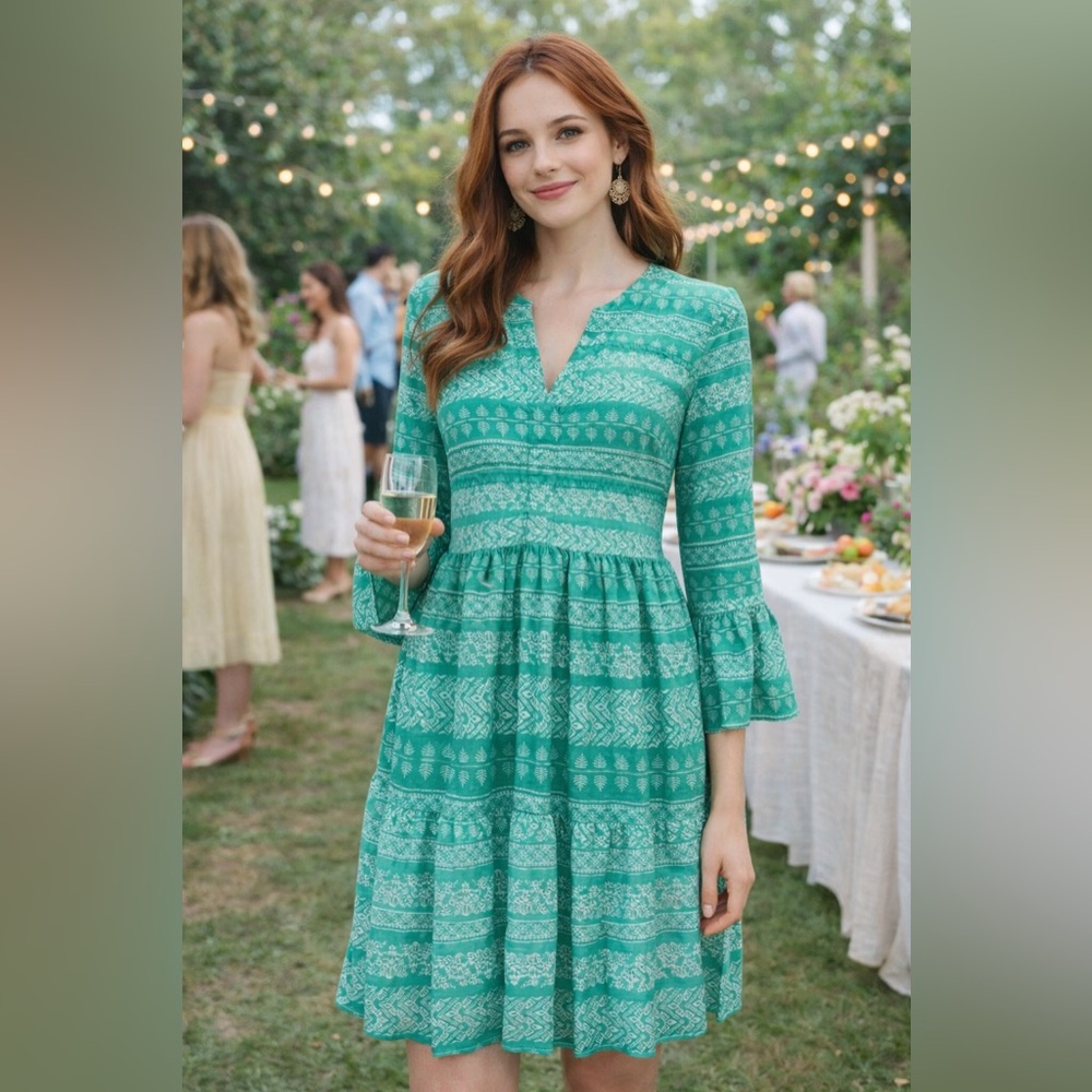Destination 365 Green & White Printed Dress Bell Sleeve Bohemian Cottagecore